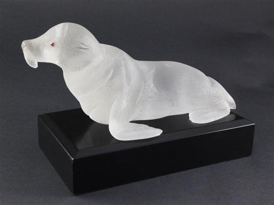 A 1960s carved rock crystal model of a sea lion, 28cm.